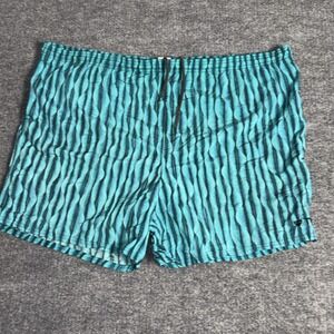 TYR Swim‎ Trunks Shorts Mens XL Teal Blue Black Wavy Print Mesh Lined Drawstring